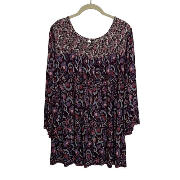 Lucky Brand Womens Peasant Blouse Size 1X Purple Paisley Floral Smocked Bodice - Picture 1 of 7